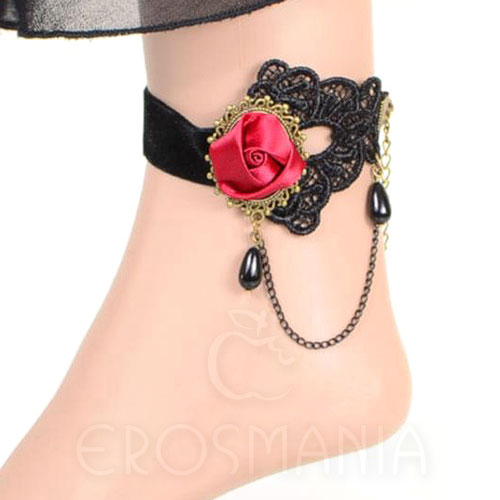 Tornozeleira Gótica de Renda e Rosa - Anklets