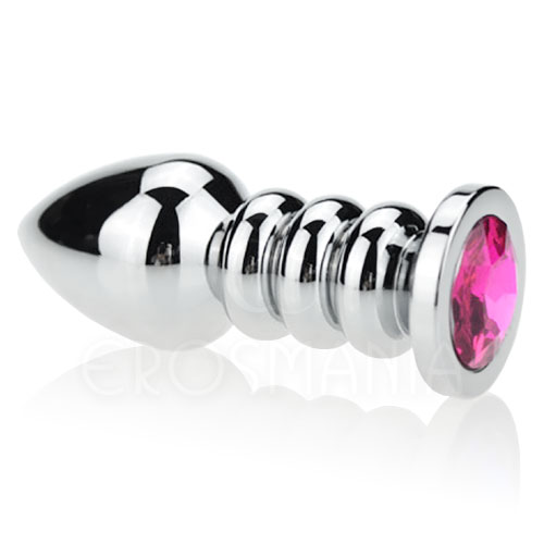 Ringed Metal Butt Plug w/ Crystal Pink - Plug anal