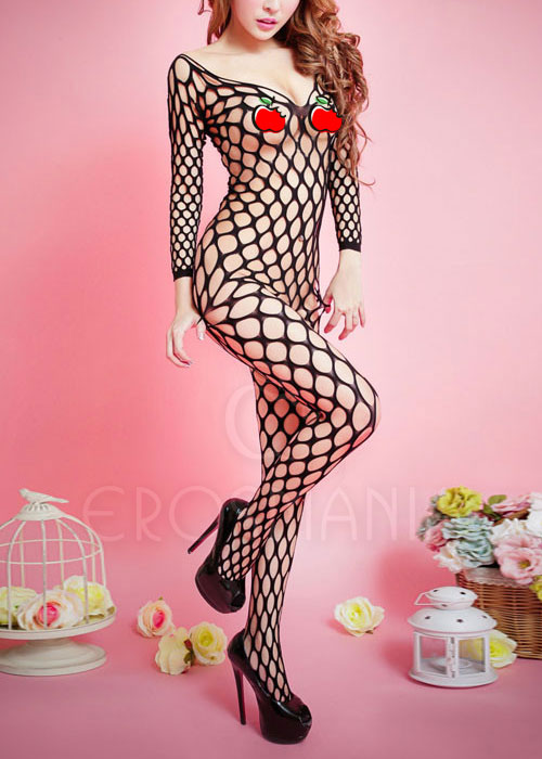 Bodystocking Arrastão Extra Largo - Preto - Manga