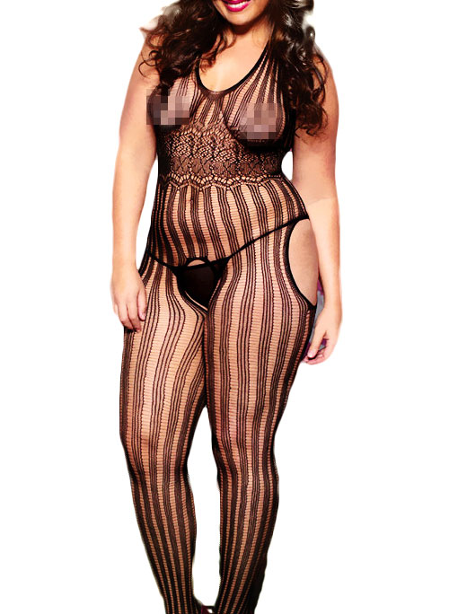 Bodystocking Listras e Floral - Plus Size