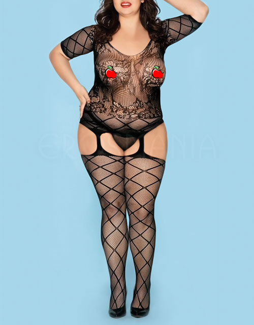 Bodystocking Listras e Floral - Plus Size