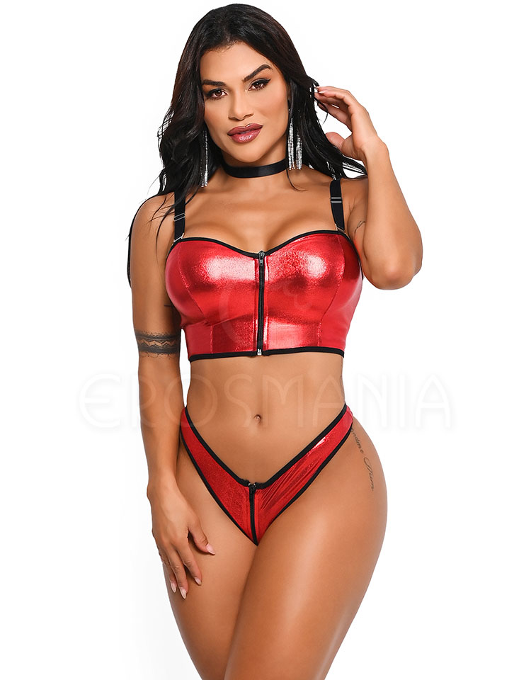 Conjunto Erótico Vinil com Zíper - Vermelho