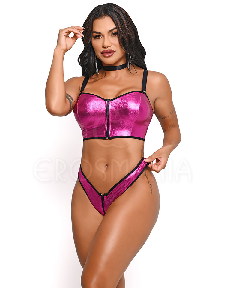 Conjunto Erótico Vinil com Zíper - Pink