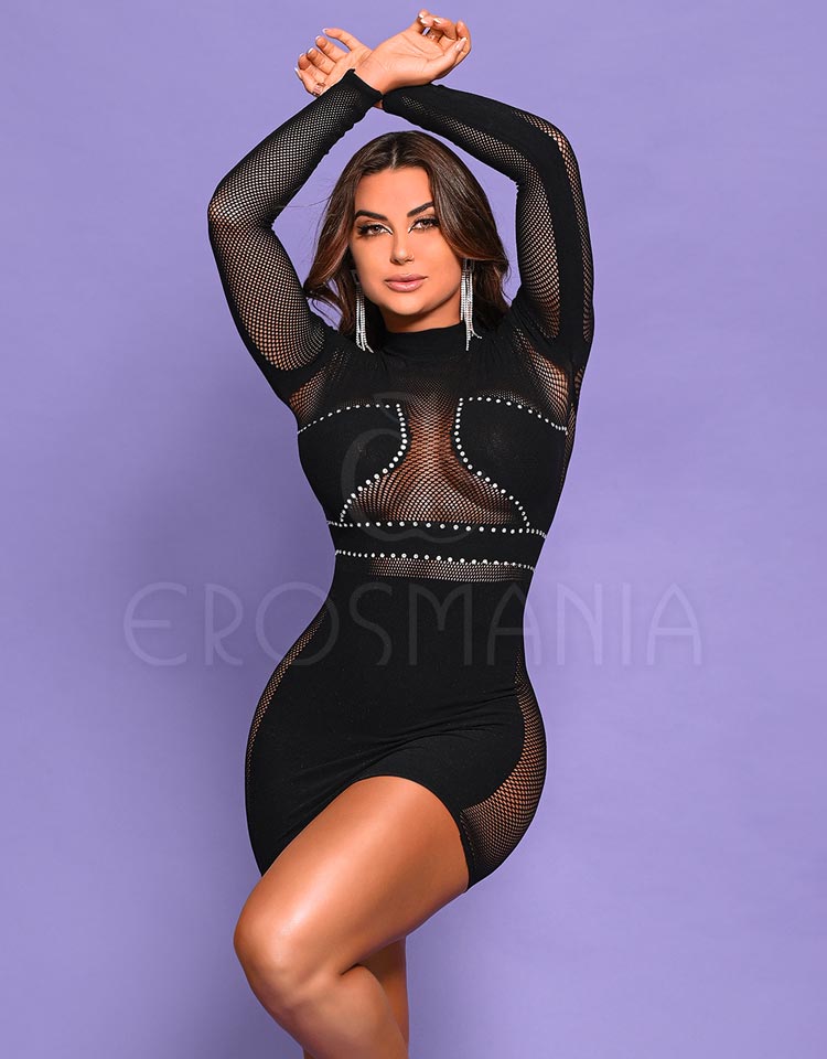 Vestido Manga Longa em Arrastão com Strass